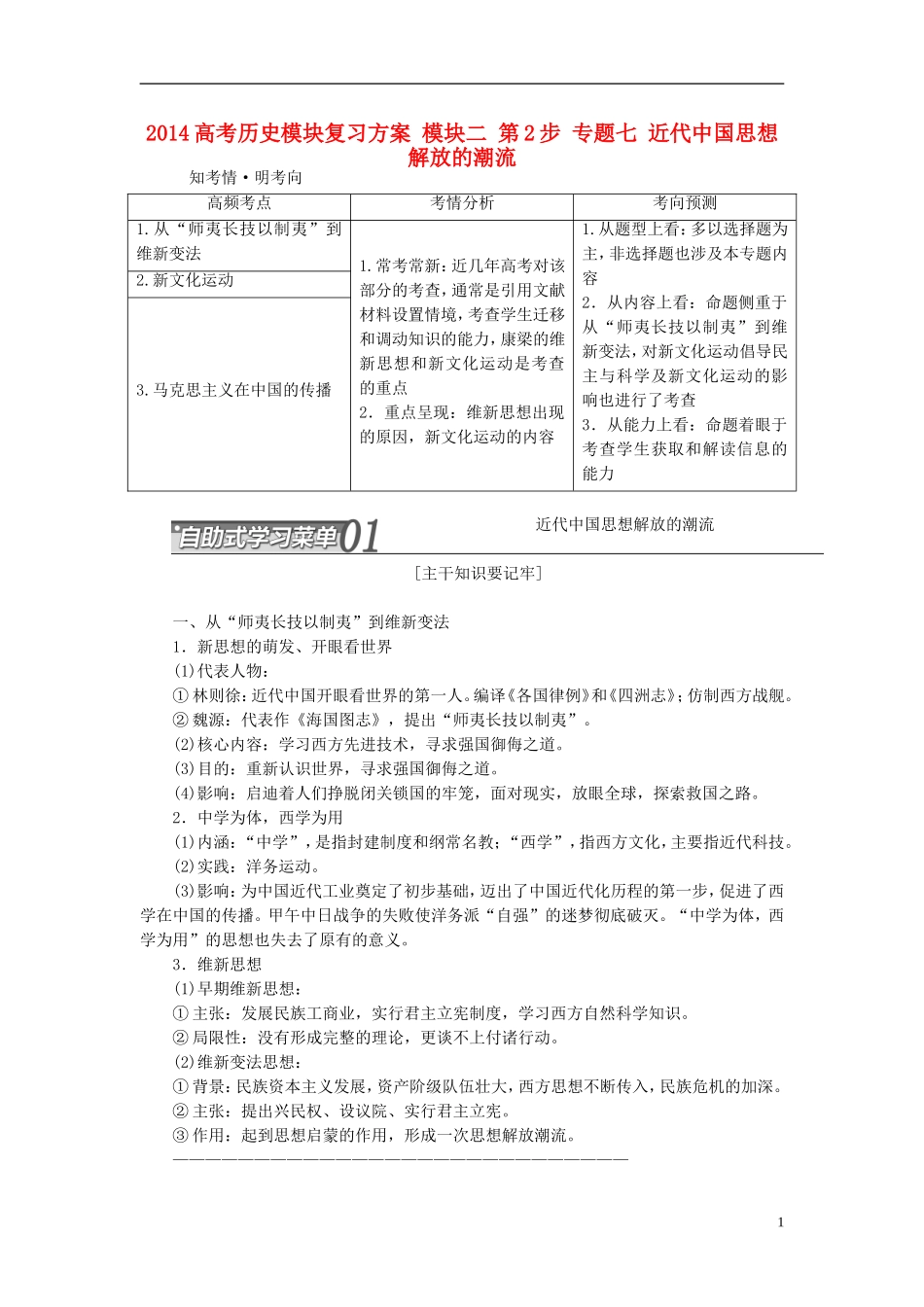 2014高考历史模块复习方案 模块二 第2步 专题七 近代中国思想解放的潮流_第1页