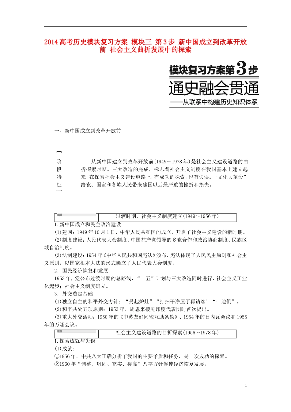 2014高考历史模块复习方案 模块三 第3步 新中国成立到改革开放前 社会主义曲折发展中的探索_第1页