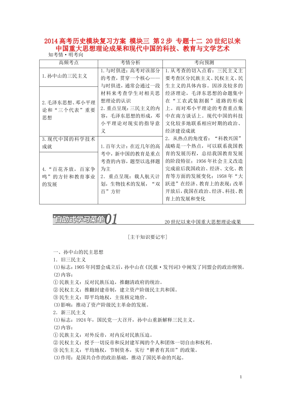 2014高考历史模块复习方案 模块三 第2步 专题十二 20世纪以来中国重大思想理论成果和现代中国的科技、教育与文学艺术_第1页