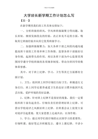 大学班长新学期工作计划怎么写
