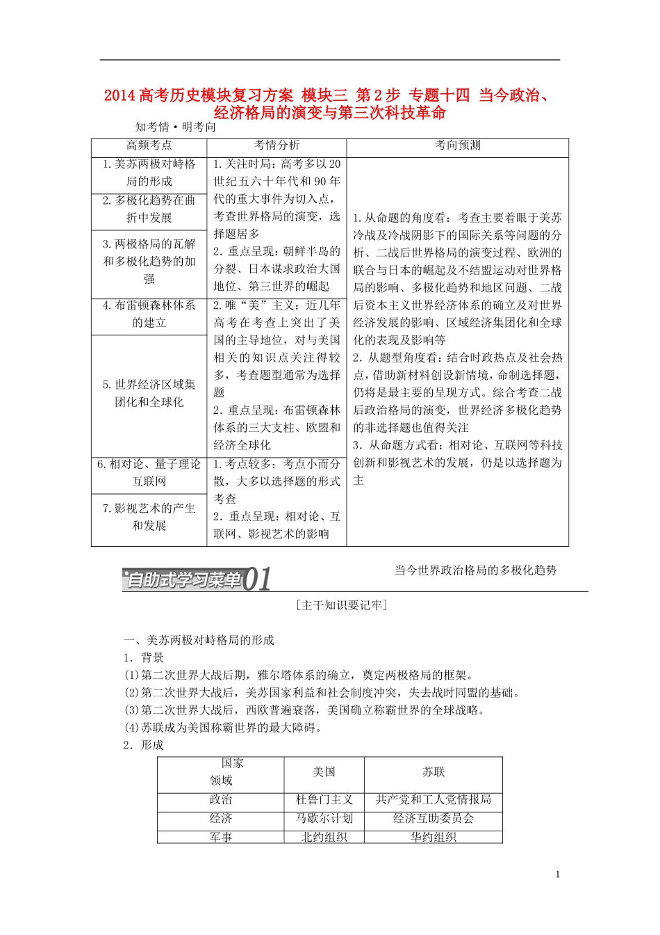 2014高考历史模块复习方案 模块三 第2步 专题十四 当今政治、经济格局的演变与第三次科技革命_第1页