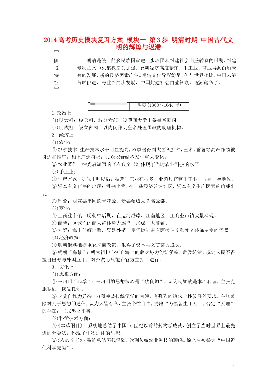 2014高考历史模块复习方案 模块一 第3步 明清时期 中国古代文明的辉煌与迟滞_第1页