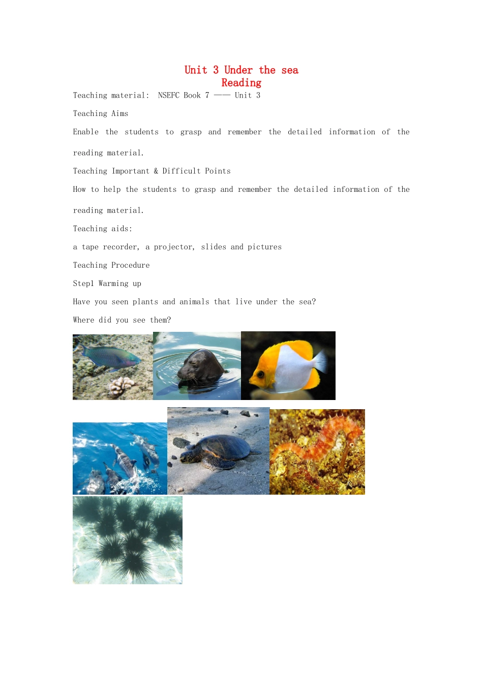 2014年高中英语 Unit 3 Under the sea课文教学教案 新人教版选修7_第1页