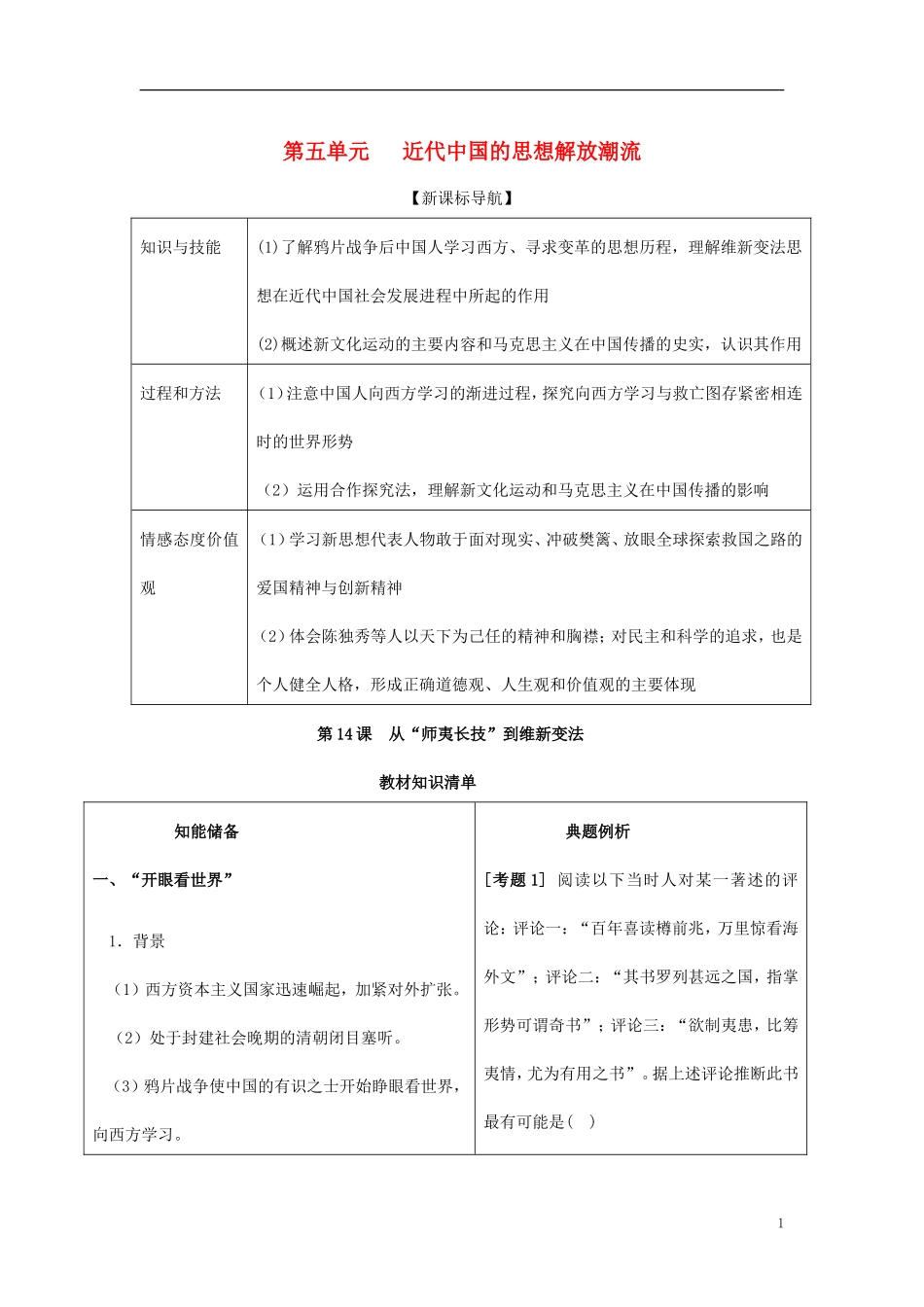 2014年高中历史教材全解 第五单元近代中国的思想解放潮流 新人教版必修3_第1页