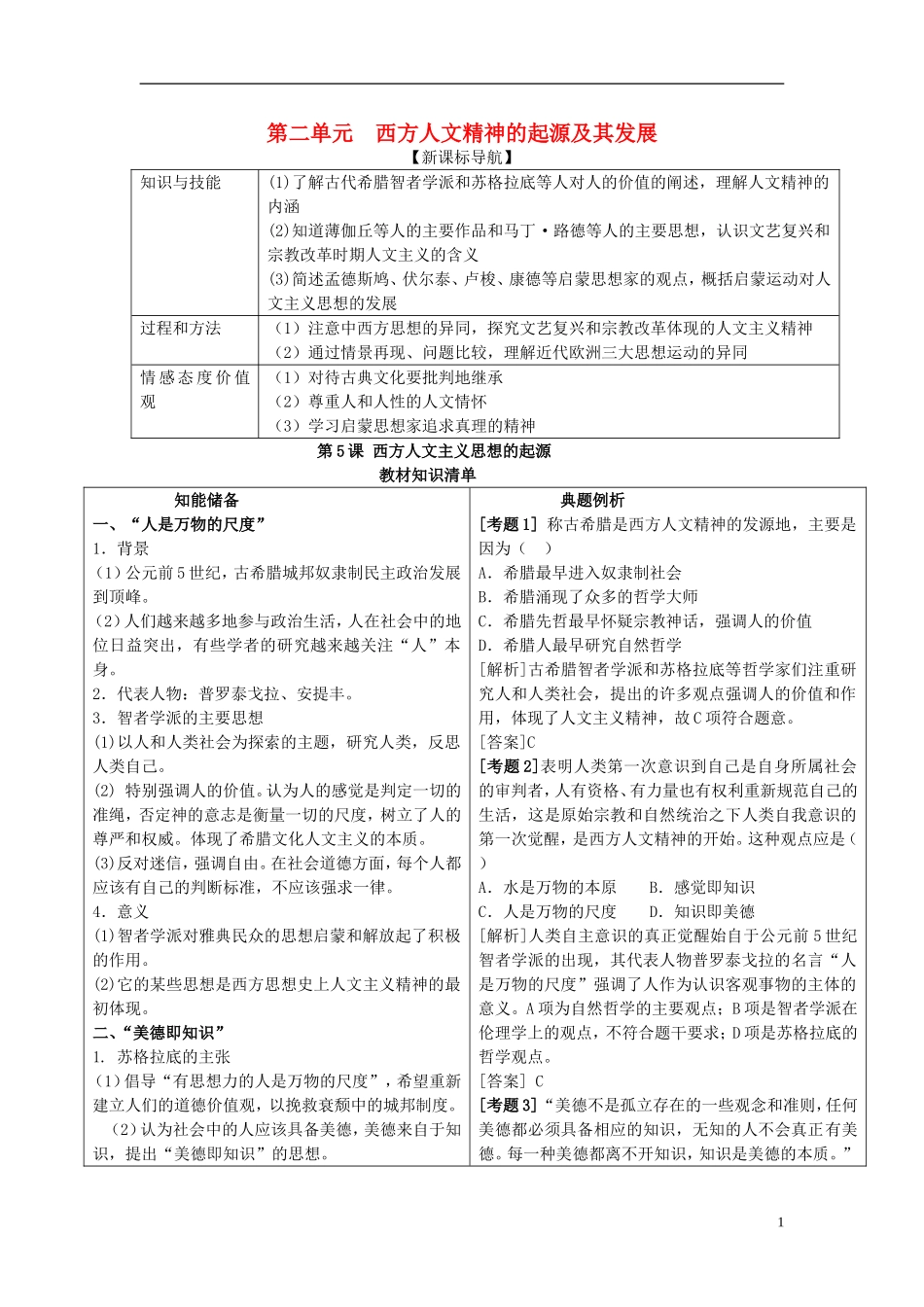 2014年高中历史教材全解 第二单元西方人文精神的起源及其发展 新人教版必修3_第1页
