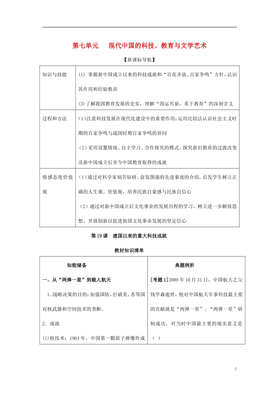 2014年高中历史教材全解 第七单元现代中国的科技、教育与文学艺术 新人教版必修3_第1页