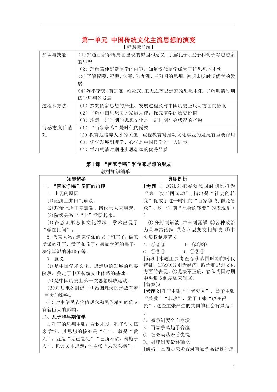 2014年高中历史教材全解 第一单元中国传统文化主流思想的演变 新人教版必修3_第1页