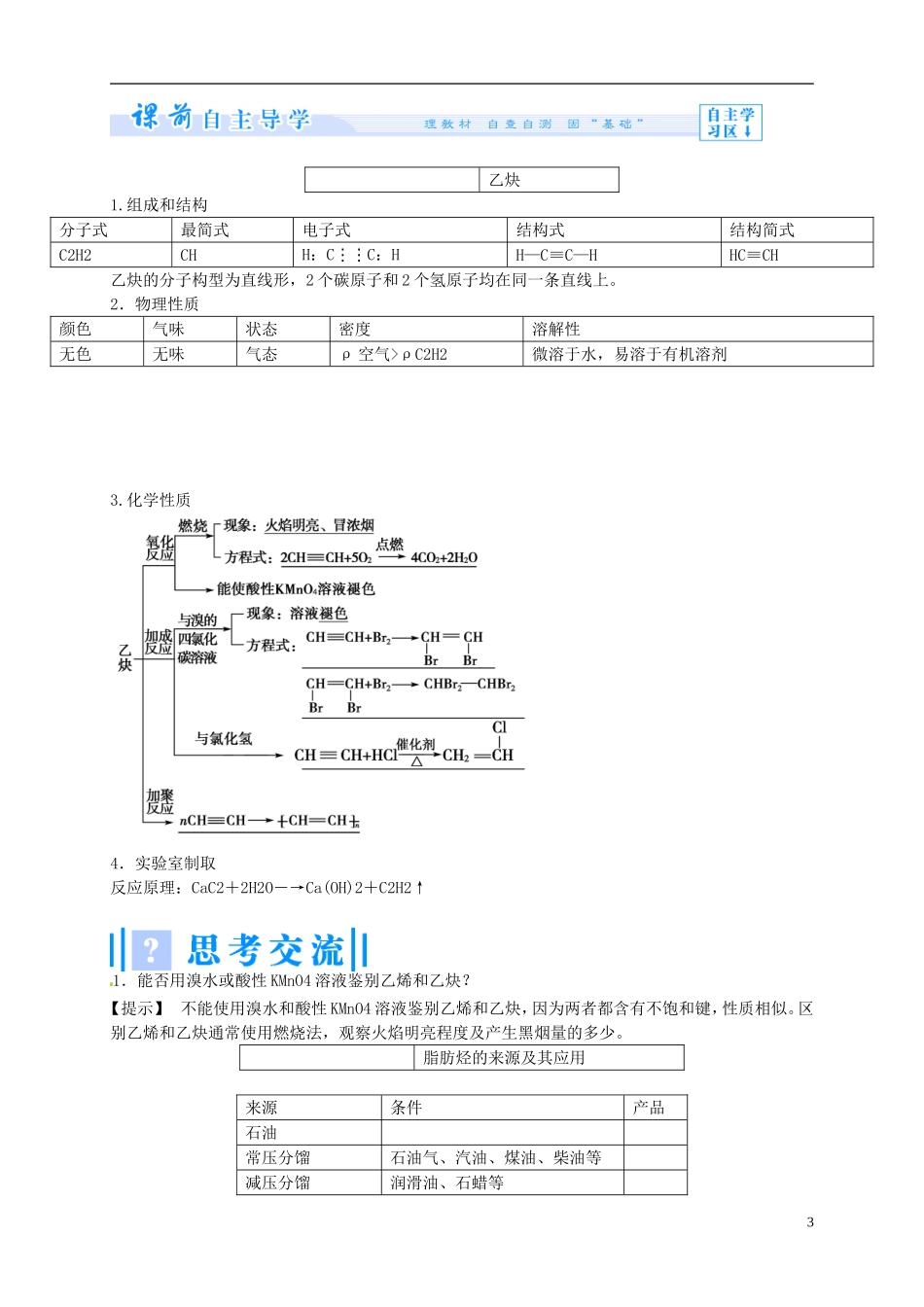 2014年高中化学 2-1-2 炔烃　脂肪烃的来源及其应用课堂教案 新人教版选修5_第3页