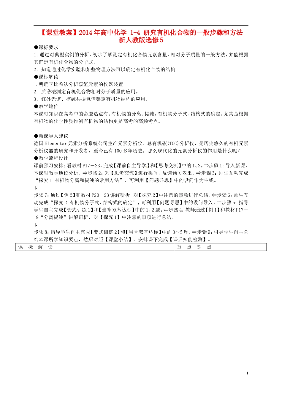 2014年高中化学 1-4 研究有机化合物的一般步骤和方法课堂教案 新人教版选修5_第1页