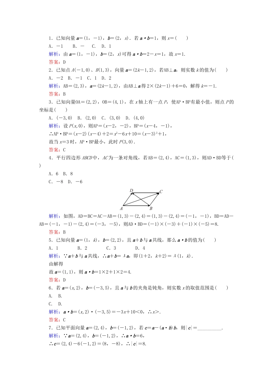 高中数学 第二章 平面向量 课时作业23 平面向量数量积的坐标表示、模、夹角 新人教B版必修4-新人教B版高一必修4数学试题_第2页