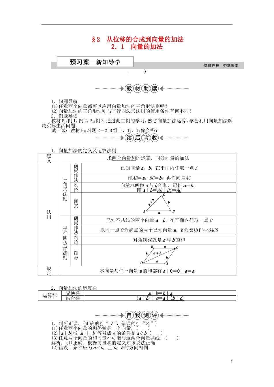 高中数学 第二章 平面向量 2.1向量的加法 新人教A版必修4-新人教A版高一必修4数学试题_第1页