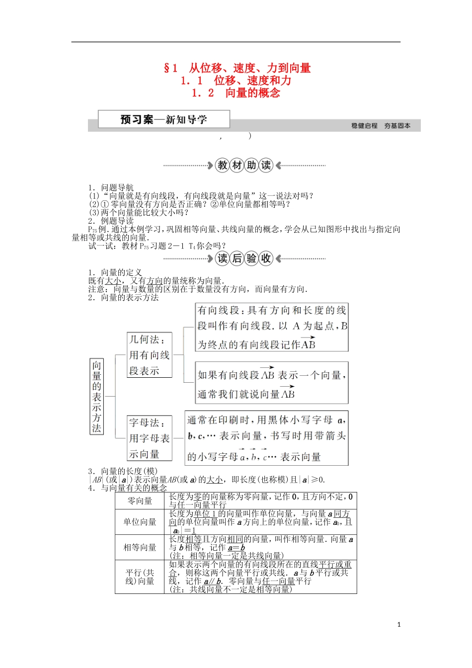 高中数学 第二章 平面向量 1.1位移、速度和力、1.2向量的概念 新人教A版必修4-新人教A版高一必修4数学试题_第1页
