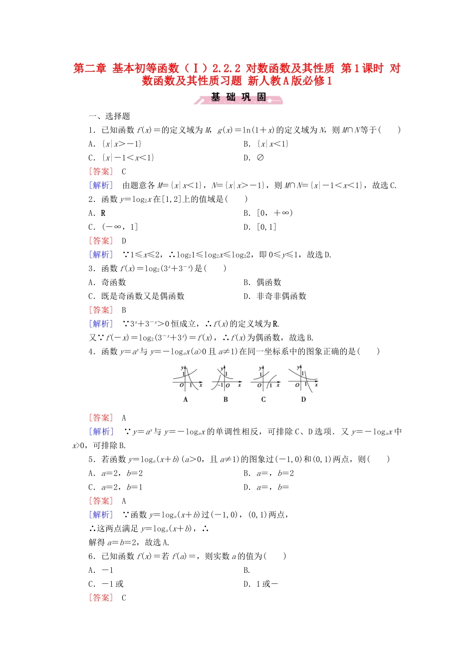 高中数学 第二章 基本初等函数（Ⅰ）2.2.2 对数函数及其性质 第1课时 对数函数及其性质习题 新人教A版必修1-新人教A版高一必修1数学试题_第1页