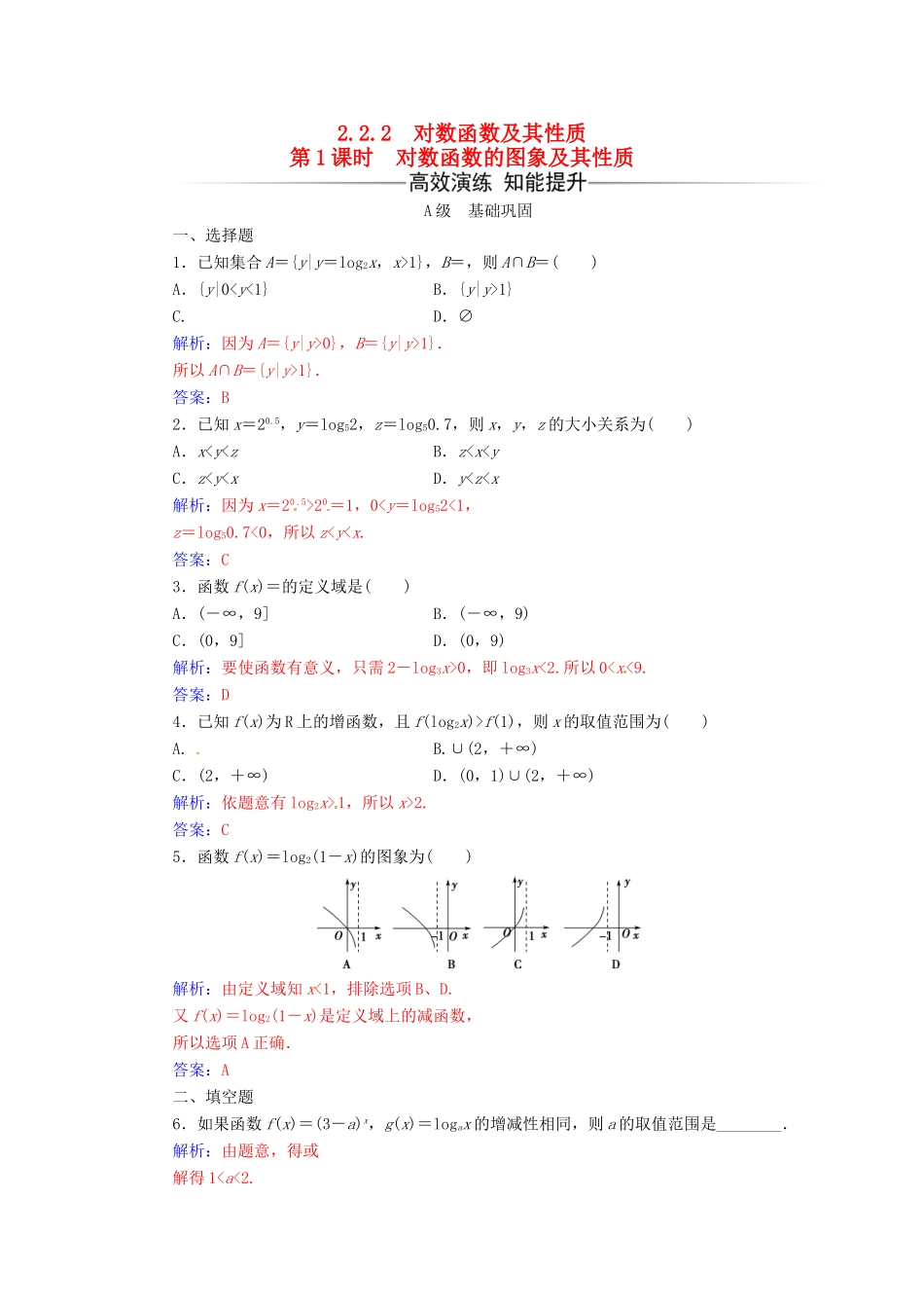高中数学 第二章 基本初等函数（Ⅰ）2.2-2.2.2 对数函数及其性质 第1课时 对数函数的图象及其性质练习 新人教版必修1-新人教版高一必修1数学试题_第1页