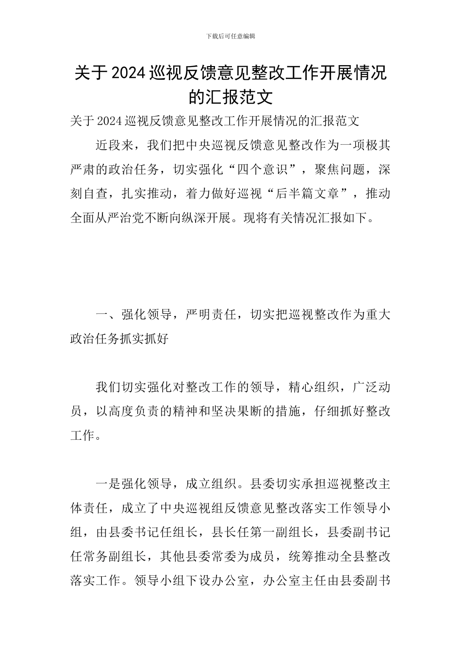 关于2024巡视反馈意见整改工作开展情况的汇报范文_第1页