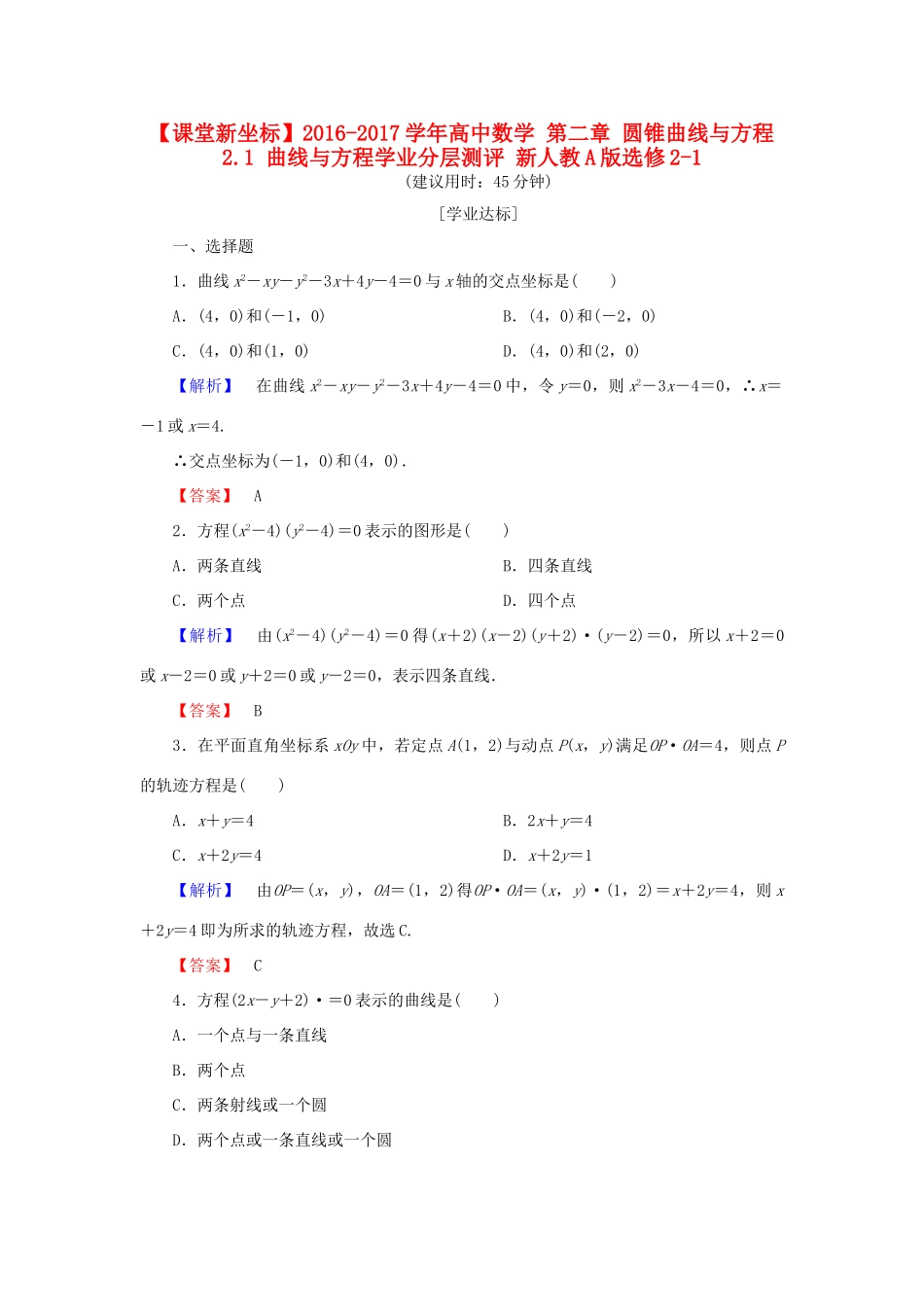 高中数学 第二章 圆锥曲线与方程 2.1 曲线与方程学业分层测评 新人教A版选修2-1-新人教A版高一选修2-1数学试题_第1页