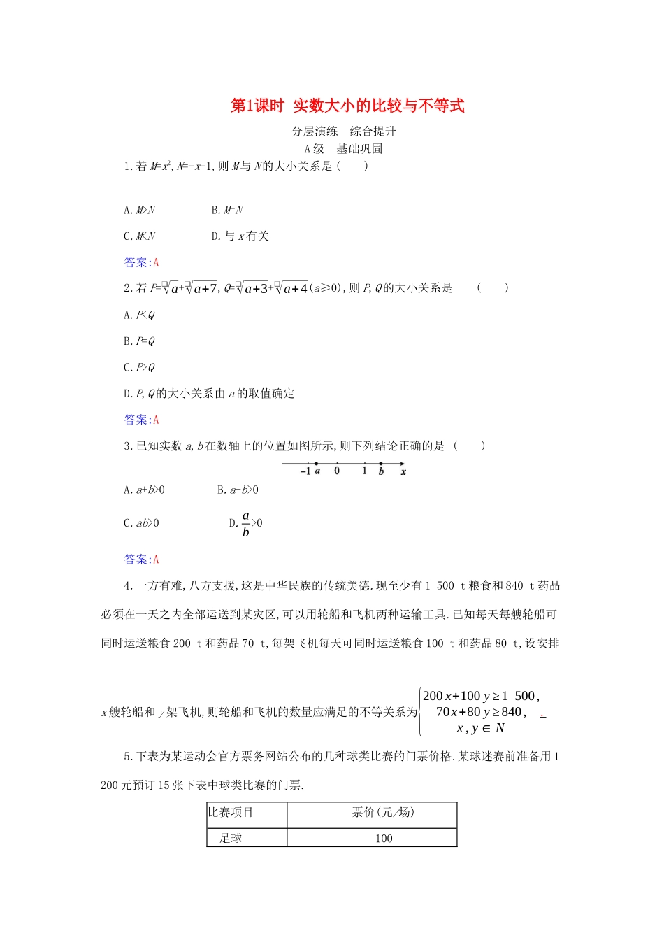高中数学 第二章 一元二次函数、方程和不等式 2.1 第1课时 实数大小的比较与不等式分层演练（含解析）新人教A版必修第一册-新人教A版高一第一册数学试题_第1页