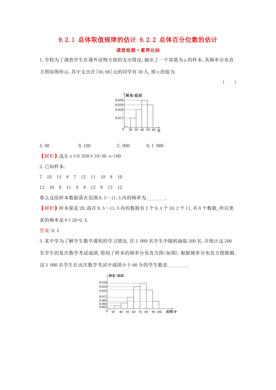 高中数学 第九章 统计 9.2.1 总体取值规律的估计 9.2.2 总体百分位数的估计课堂检测素养达标 新人教A版必修2-新人教A版高一必修2数学试题_第1页