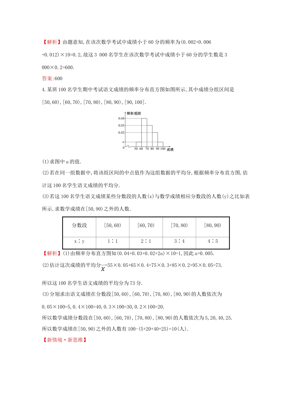 高中数学 第九章 统计 9.2.1 总体取值规律的估计 9.2.2 总体百分位数的估计课堂检测素养达标 新人教A版必修2-新人教A版高一必修2数学试题_第2页