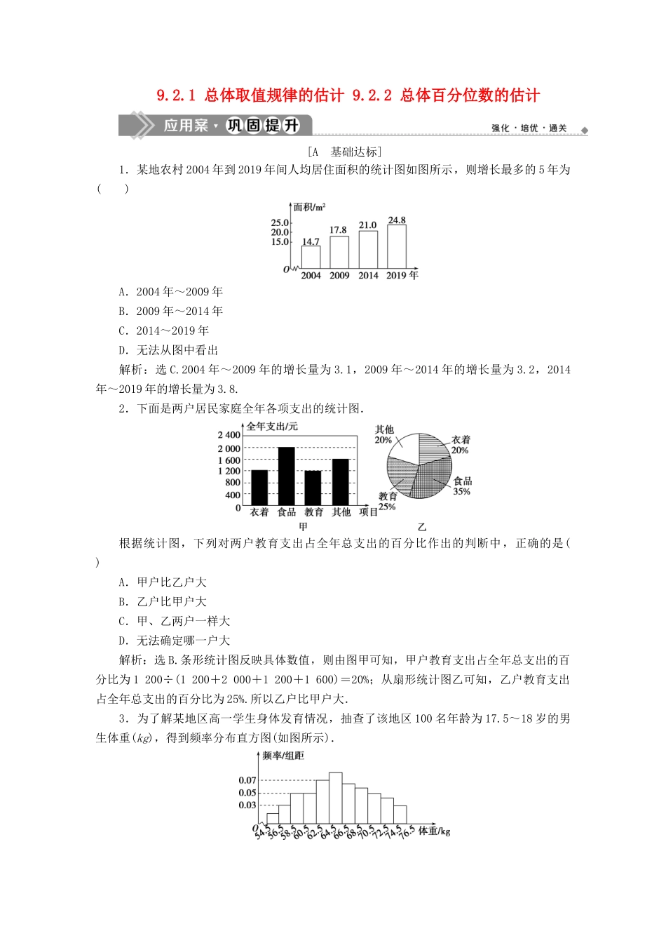 高中数学 第九章 统计 9.2.1 总体取值规律的估计 9.2.2 总体百分位数的估计应用案巩固提升 新人教A版必修第二册-新人教A版高一第二册数学试题_第1页