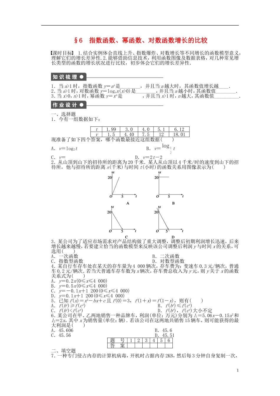 高中数学 第三章 第6节 指数函数、幂函数、对数函数增长的比较课时作业 北师大版必修1-北师大版高一必修1数学试题_第1页