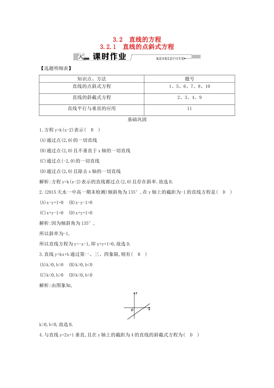 高中数学 第三章 直线与方程 3.2.1 直线的点斜式方程课时作业 新人教A版必修2-新人教A版高一必修2数学试题_第1页