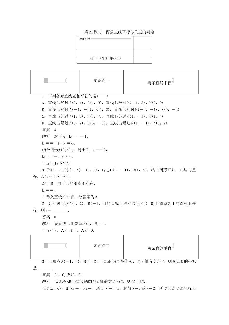 高中数学 第三章 直线与方程 3.1.2 两条直线平行与垂直的判定练习（含解析）新人教A版必修2-新人教A版高一必修2数学试题_第1页