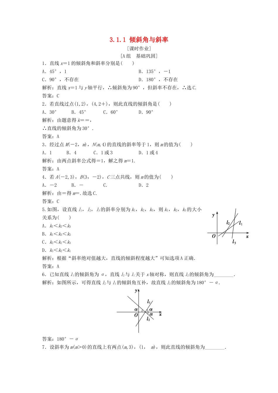高中数学 第三章 直线与方程 3.1 直线的倾斜角与斜率 3.1.1 倾斜角与斜率优化练习 新人教A版必修2-新人教A版高一必修2数学试题_第1页