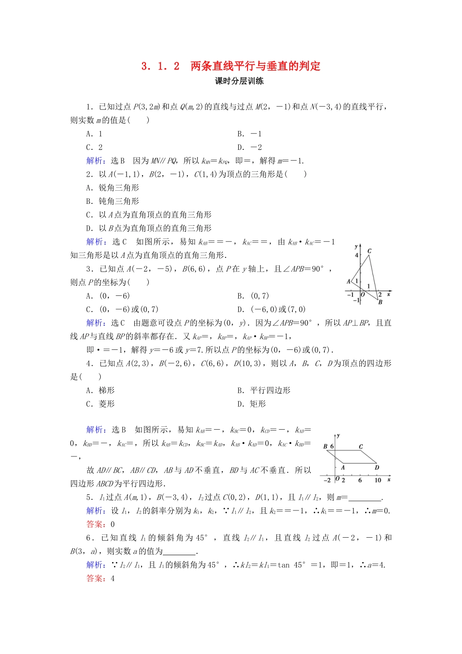 高中数学 第三章 直线与方程 3.1 直线的倾斜角与斜率 3.1.2 两条直线平行与垂直的判定课时分层训练 新人教A版必修2-新人教A版高一必修2数学试题_第1页