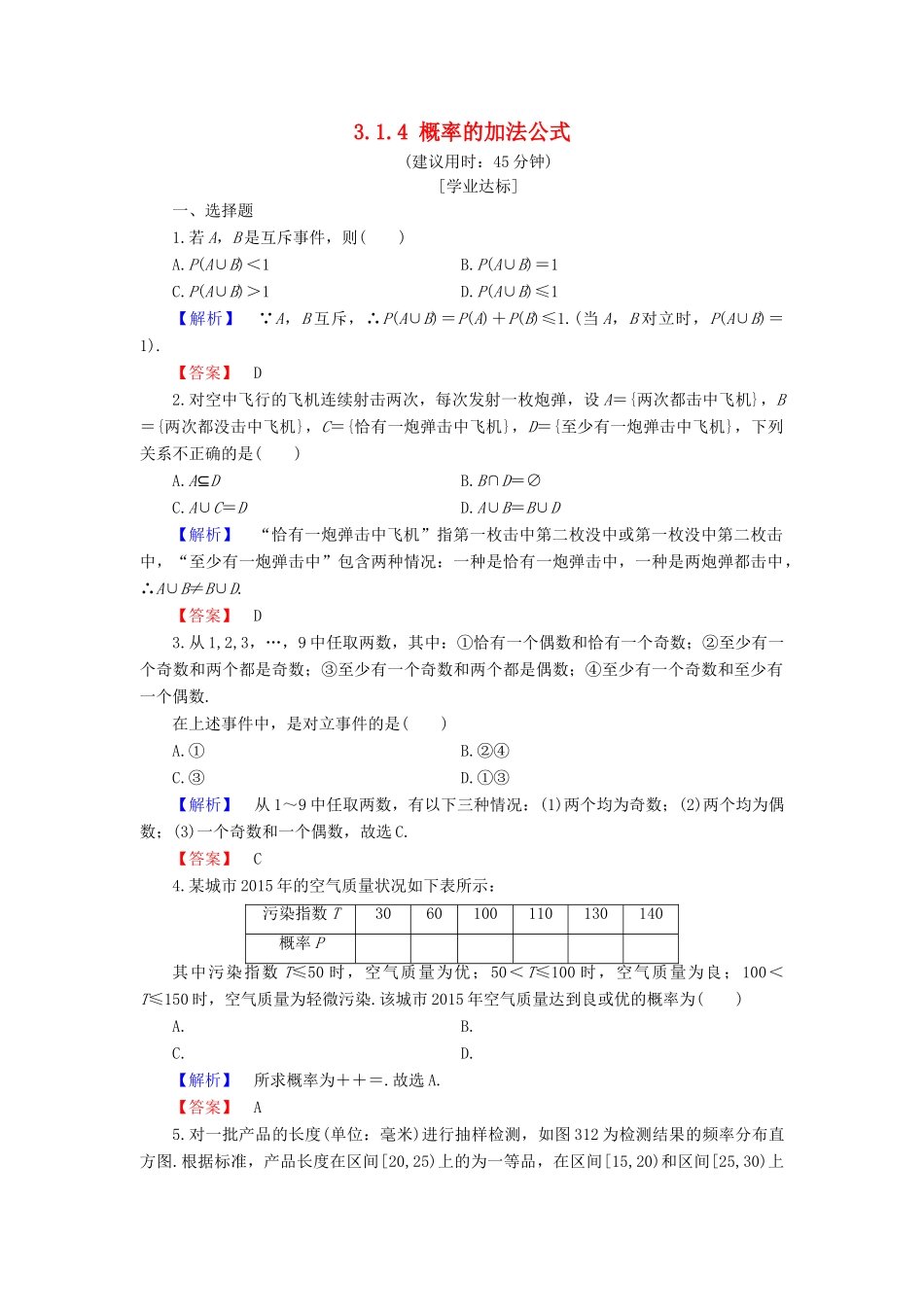 高中数学 第三章 概率 3.1.4 概率的加法公式学业分层测评 新人教B版必修3-新人教B版高一必修3数学试题_第1页