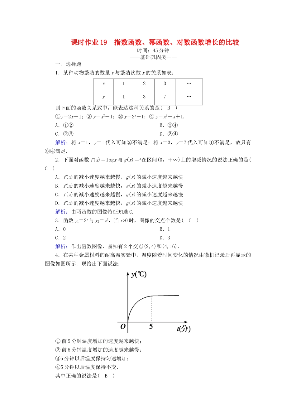 高中数学 第三章 指数函数和对数函数 课时作业19 指数函数、幂函数、对数函数增长的比较（含解析）北师大版必修1-北师大版高一必修1数学试题_第1页
