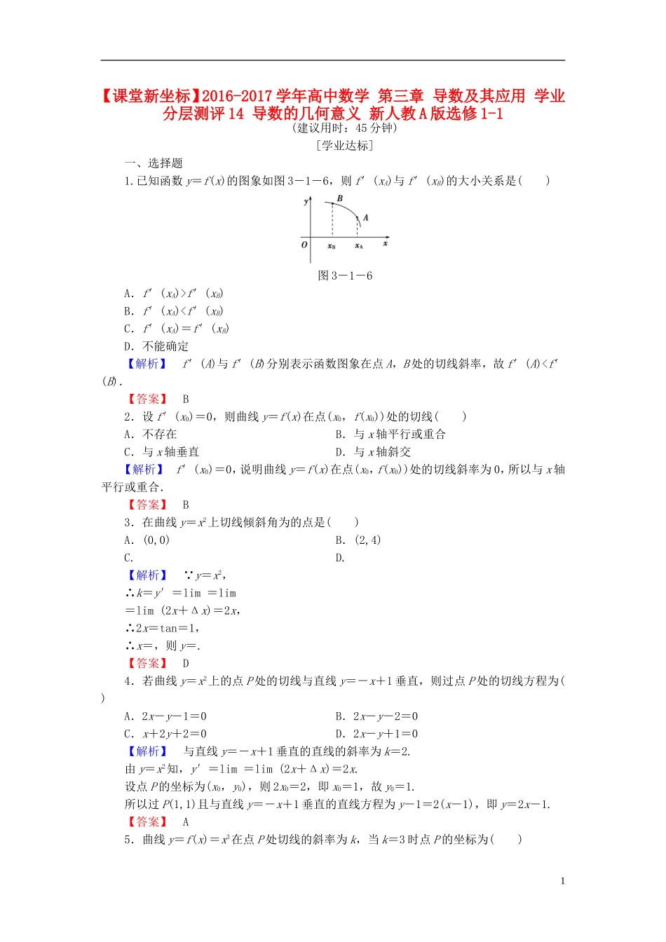 高中数学 第三章 导数及其应用 学业分层测评14 导数的几何意义 新人教A版选修1-1-新人教A版高一选修1-1数学试题_第1页