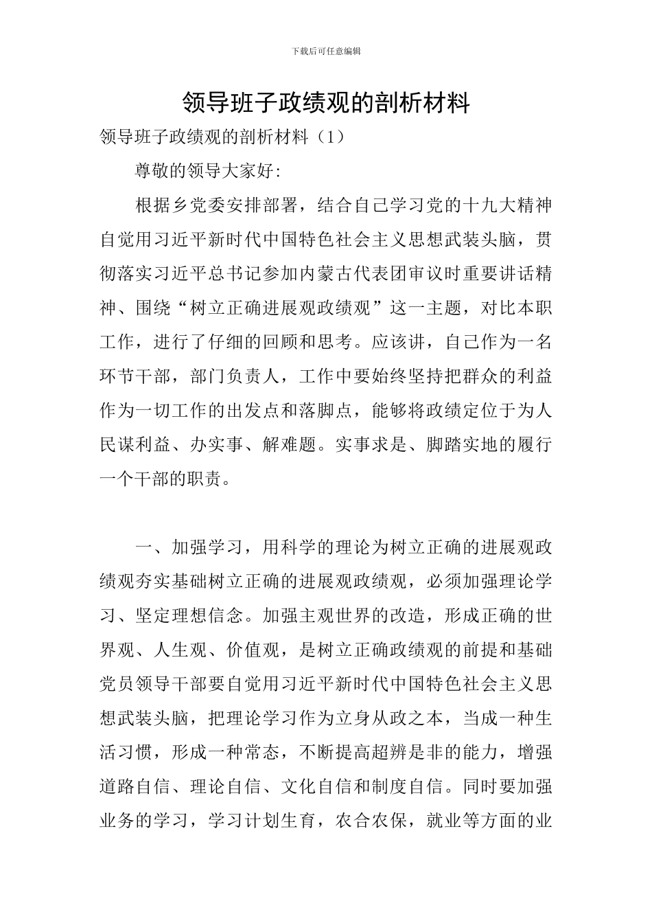 领导班子政绩观的剖析材料_第1页