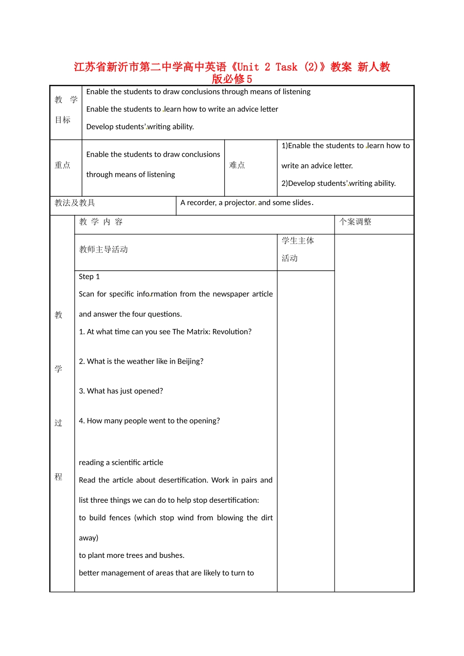 江苏省新沂市第二中学高中英语《Unit 2 Task (2)》教案 新人教版必修5_第1页
