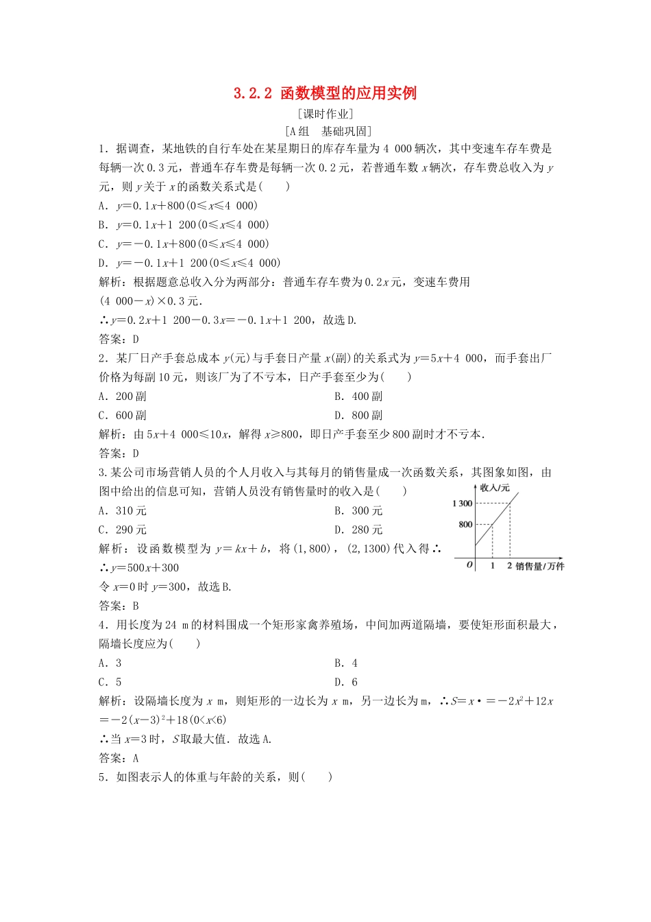 高中数学 第三章 函数的应用 3.2 函数模型及其应用 3.2.2 函数模型的应用实例优化练习 新人教A版必修1-新人教A版高一必修1数学试题_第1页