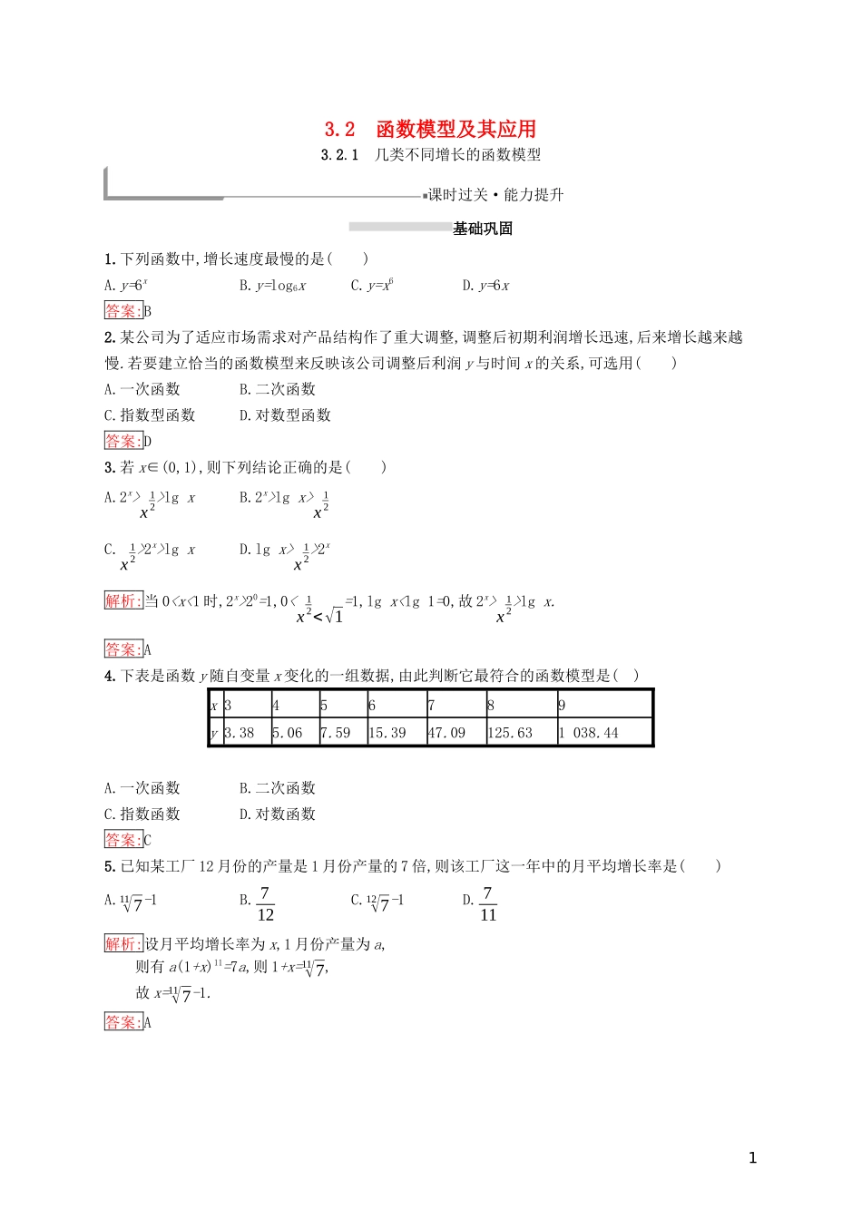 高中数学 第三章 函数的应用 3.2 函数模型及其应用 3.2.1 几类不同增长的函数模型练习 新人教A版必修1-新人教A版高一必修1数学试题_第1页