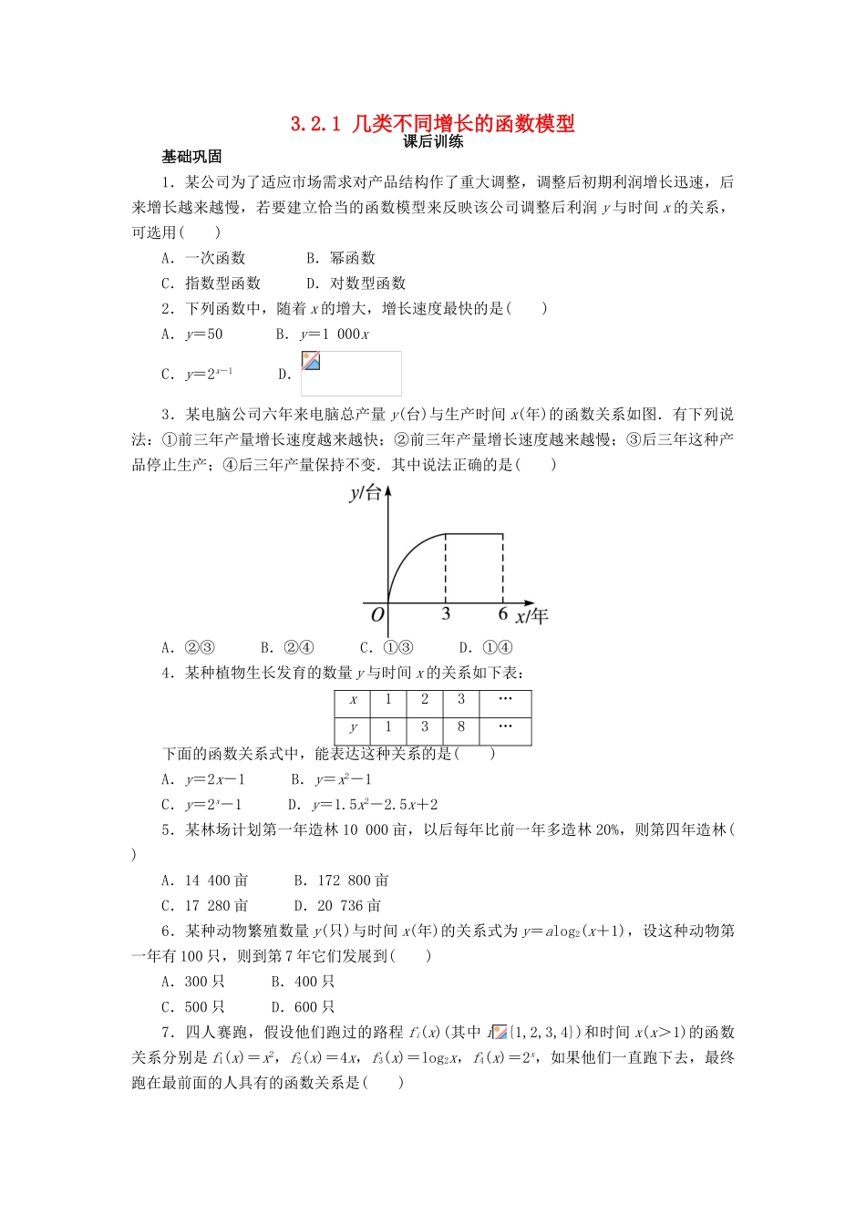 高中数学 第三章 函数的应用 3.2 函数模型及其应用 3.2.1 几类不同增长的函数模型课后训练 新人教A版必修1-新人教A版高一必修1数学试题_第1页