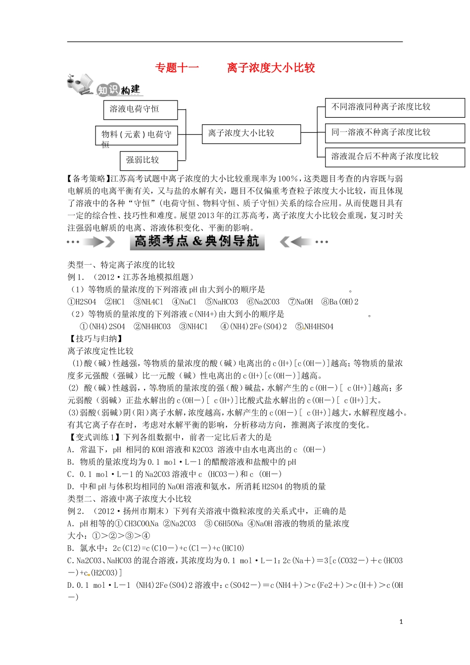江苏省2013年高考化学二轮 专题十一 离子浓度大小比较最新讲义_第1页