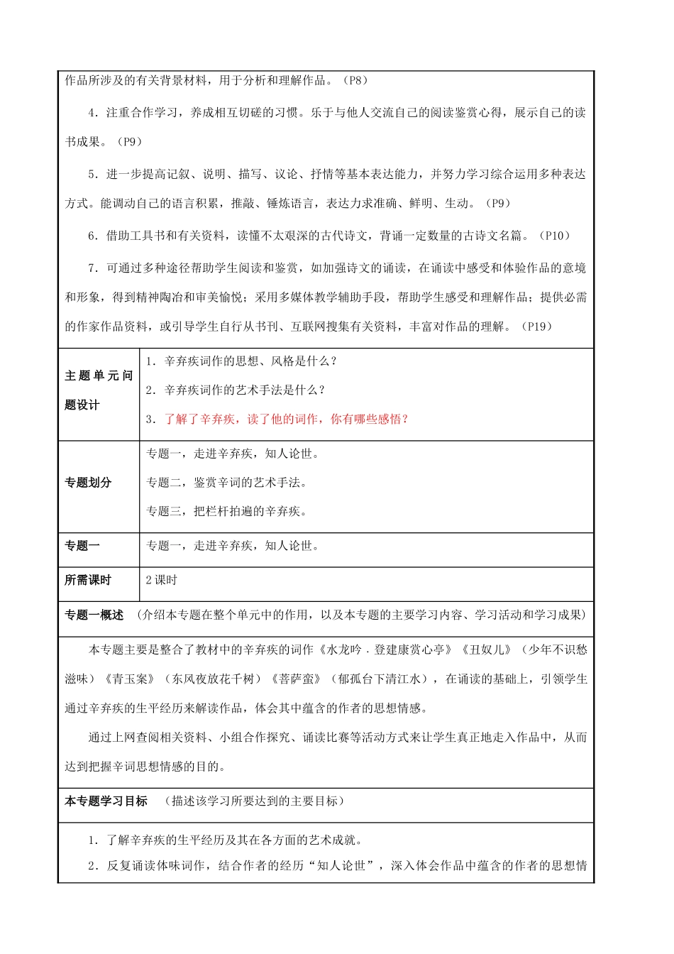 山东省诸城市实验中学2012-2013学年高二语文 “无人会登临意的辛弃疾”主题单元设计 鲁教版_第3页