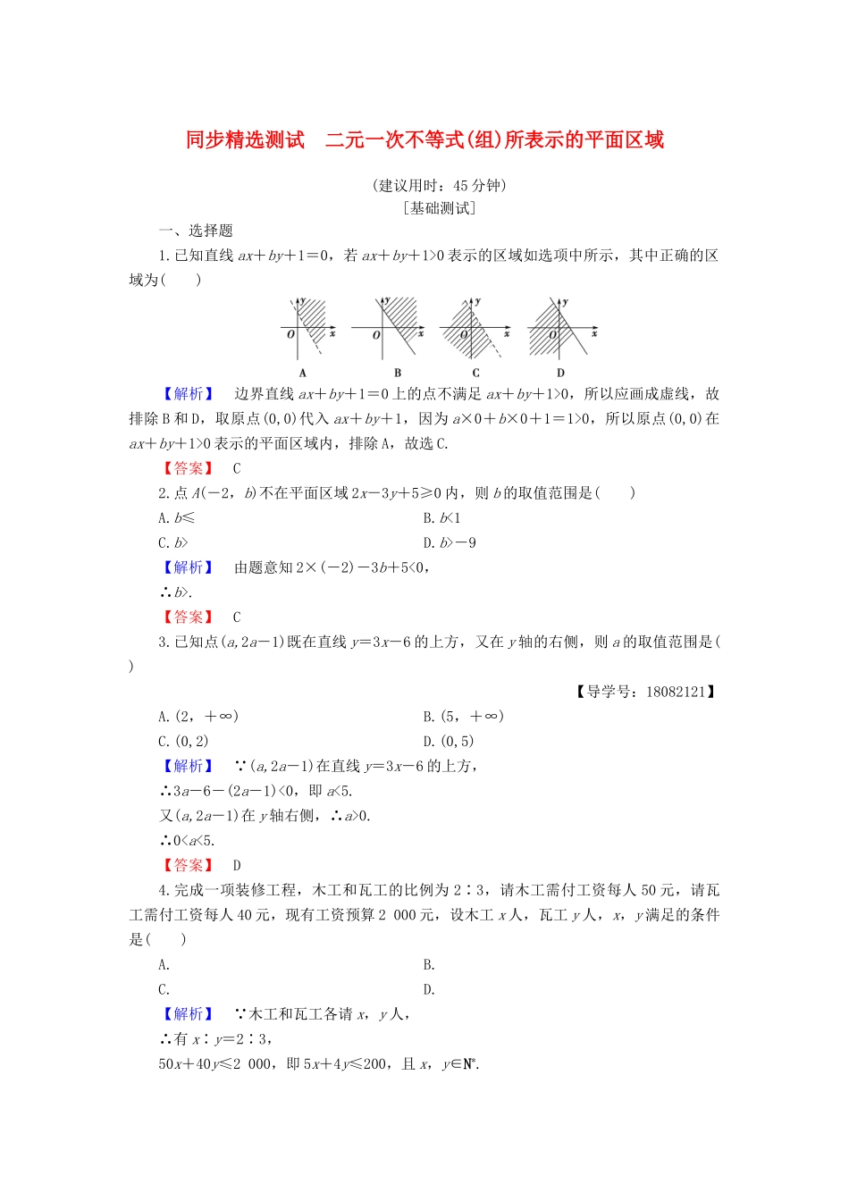 高中数学 第三章 不等式 3.5.1 二元一次不等式(组)所表示的平面区域同步精选测试 新人教B版必修5-新人教B版高一必修5数学试题_第1页