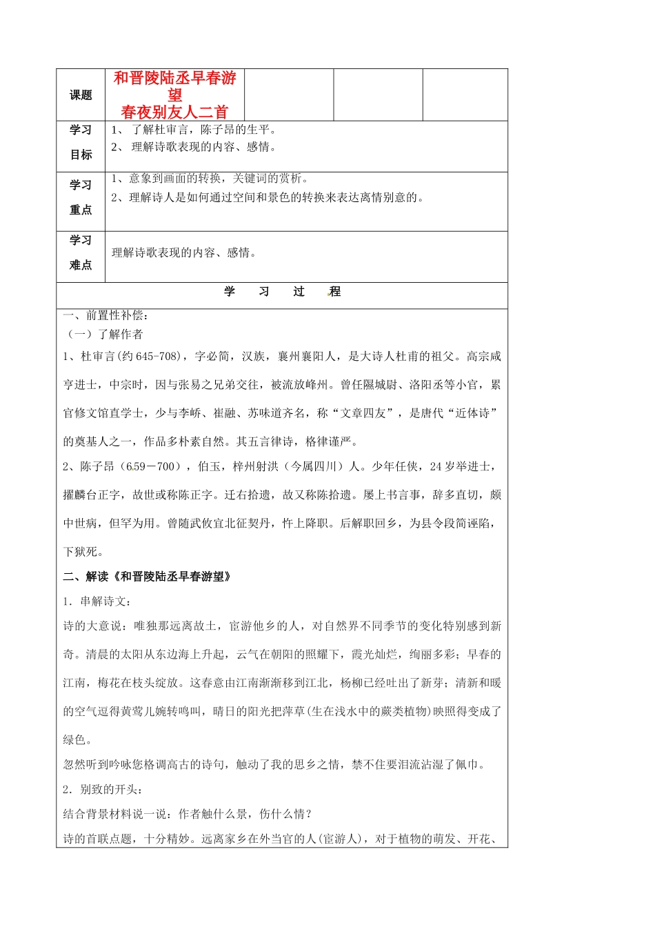 江苏省扬州市安宜高级中学高二语文B部《和晋陵+春夜》教案_第1页