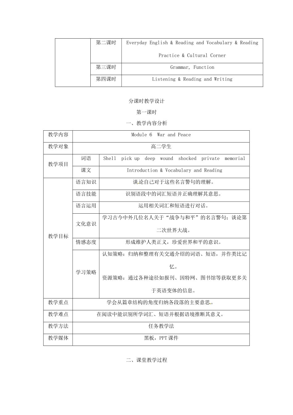 四川省宣汉中学2014高中英语 Module 6 War and Peace（第1课时）教案 外研版选修6_第2页