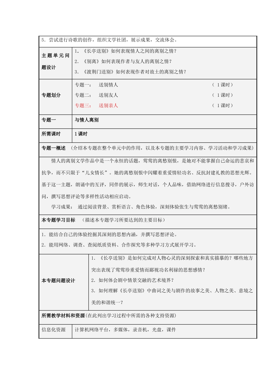 山东省诸城市实验中学2012-2013学年高二语文 一种别离，多样情思主题单元设计 鲁教版_第3页
