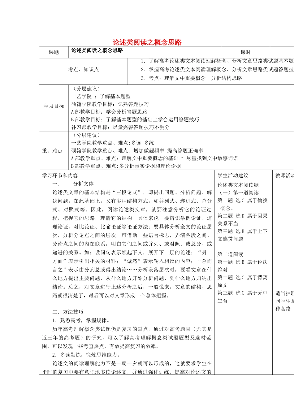 高中语文上学期第4周 论述类阅读之概念思路教学设计-人教版高中全册语文教案_第1页