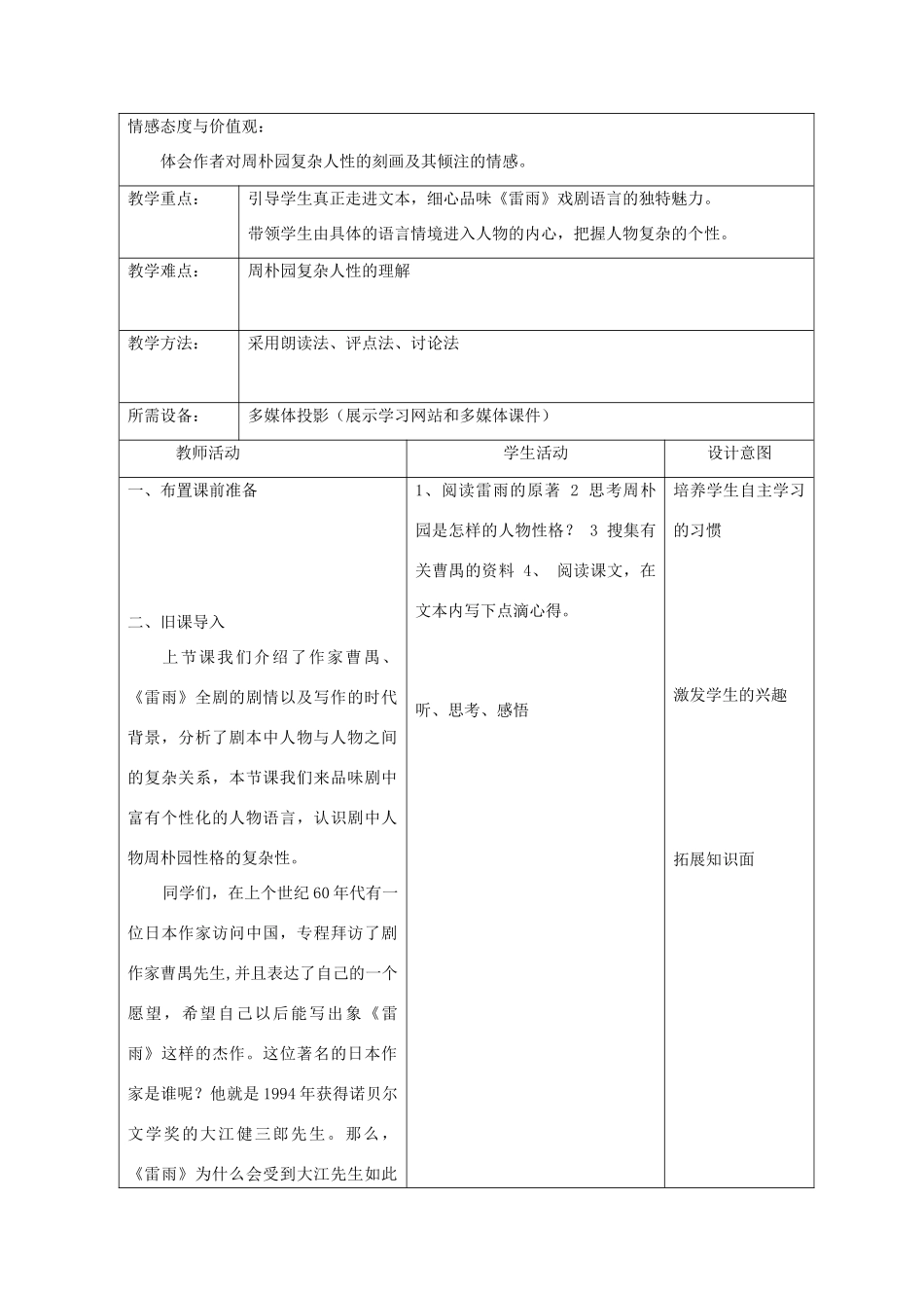 高中语文教师竞赛作品《雷雨》教案 苏教版必修4_第2页