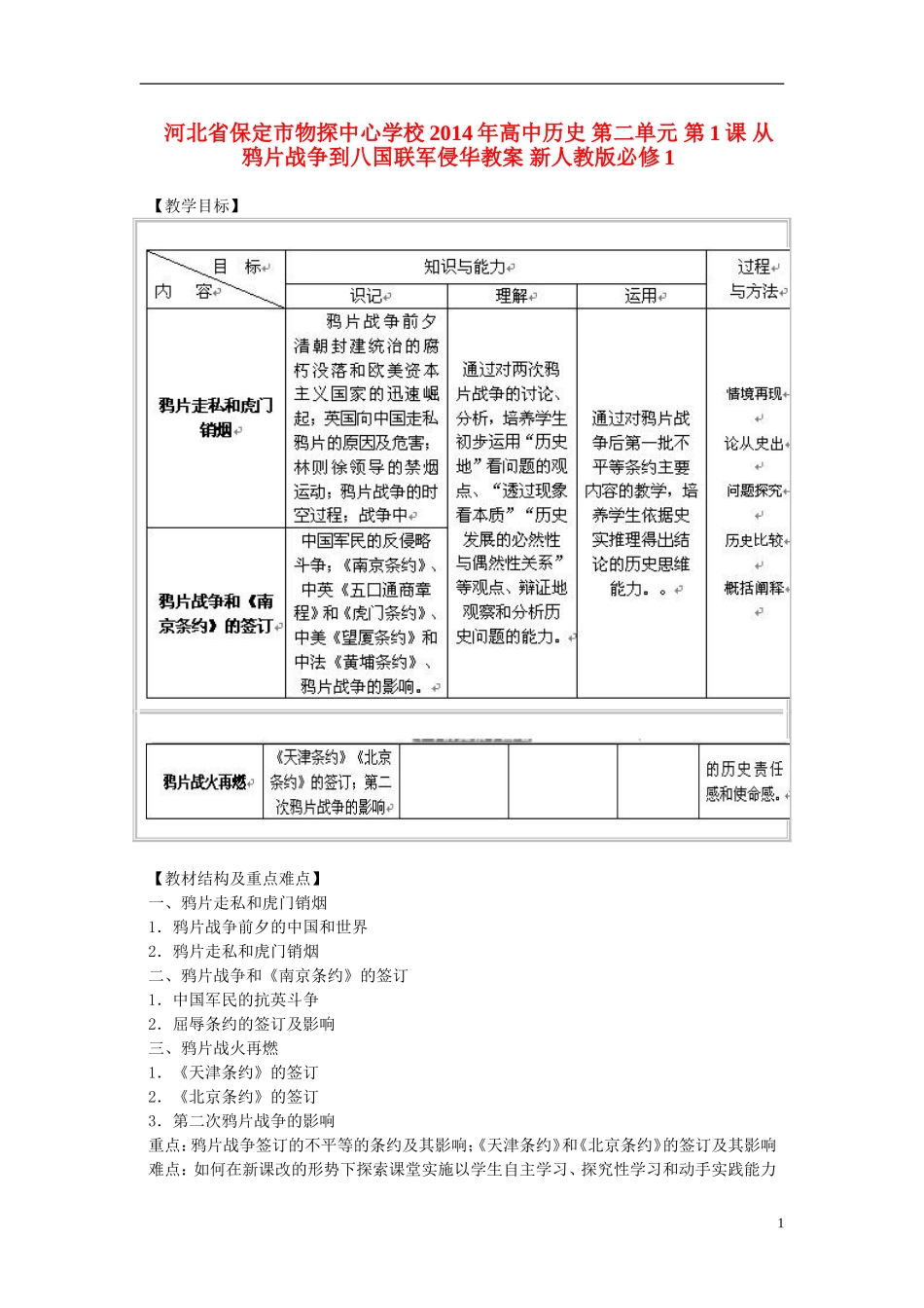 河北省保定市物探中心学校2014年高中历史 第二单元 第1课 从鸦片战争到八国联军侵华教案 新人教版必修1_第1页
