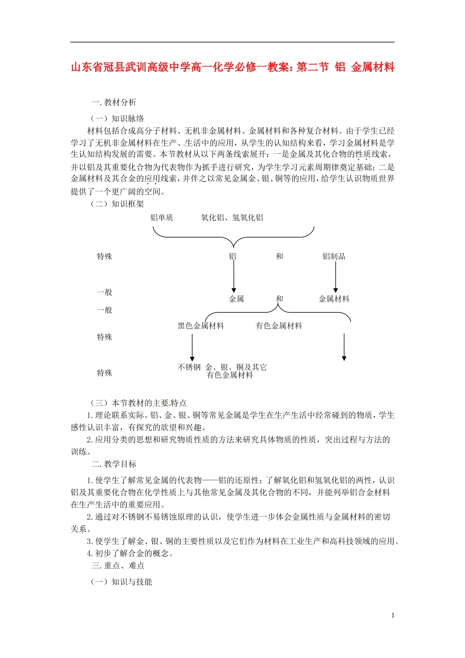 山东省冠县武训高级中学高中化学 第二节 铝 金属材料教案 新人教版必修1_第1页