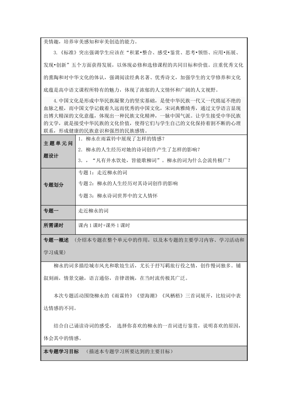 山东省淄博高中2012-2013学年高二语文 走进 柳永的文人情怀主题单元设计_第3页