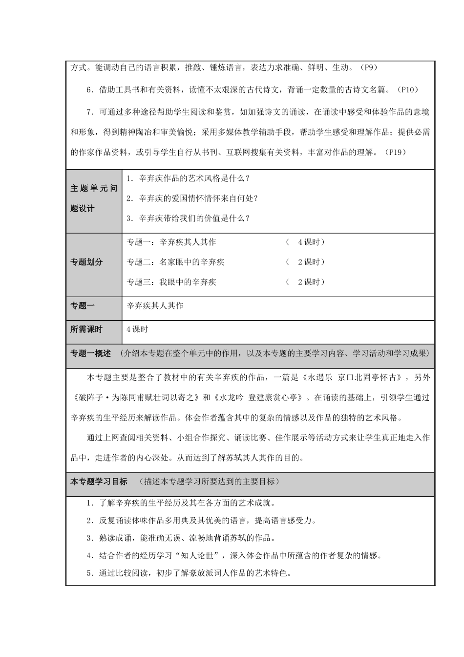 山东省临邑一中2012-2013学年高二语文 爱国词人辛弃疾 文档主题单元设计_第3页