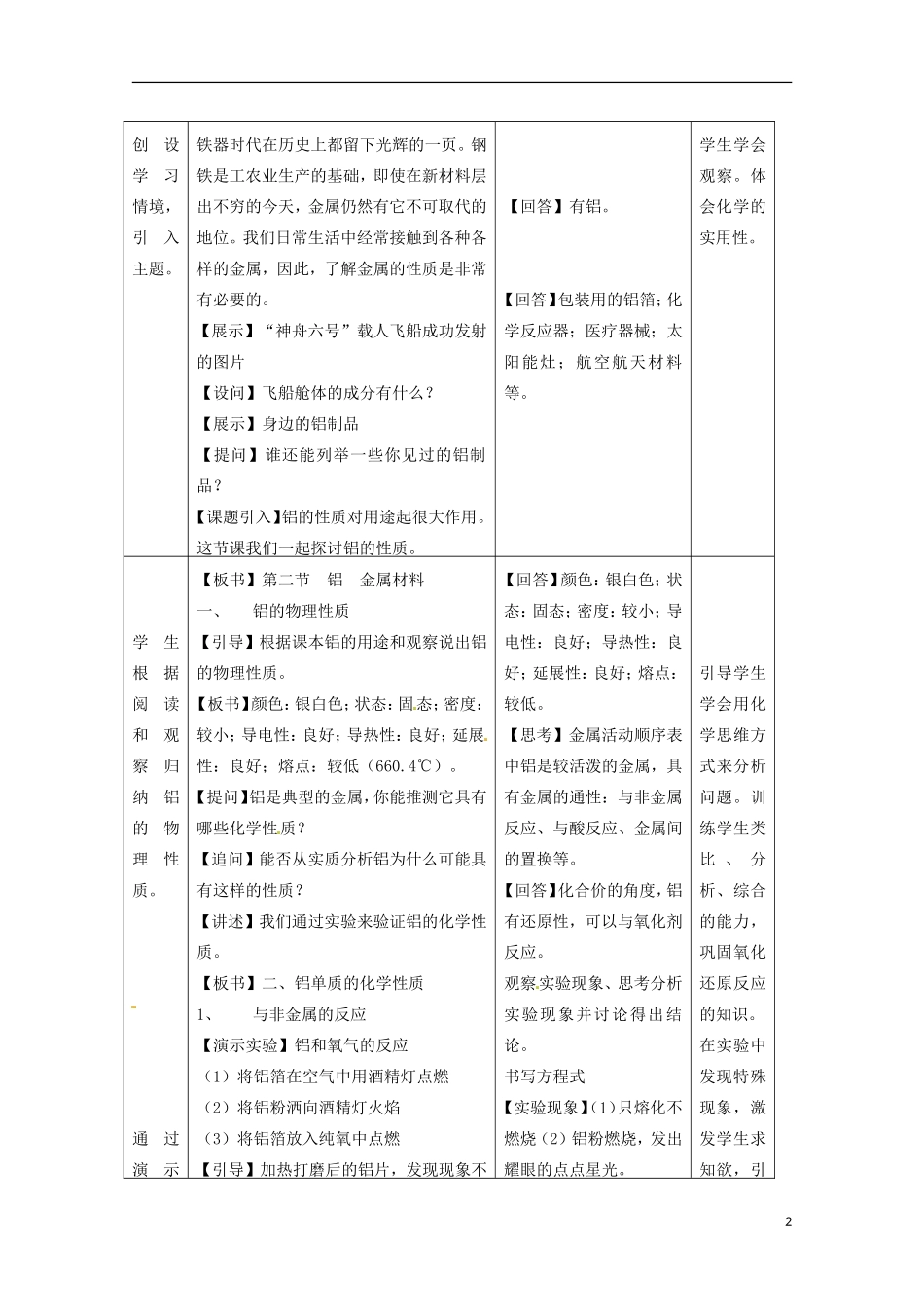 湖南省隆回县万和实验学校高中化学 4.2 铝 金属材料 教案 鲁科版必修1_第2页